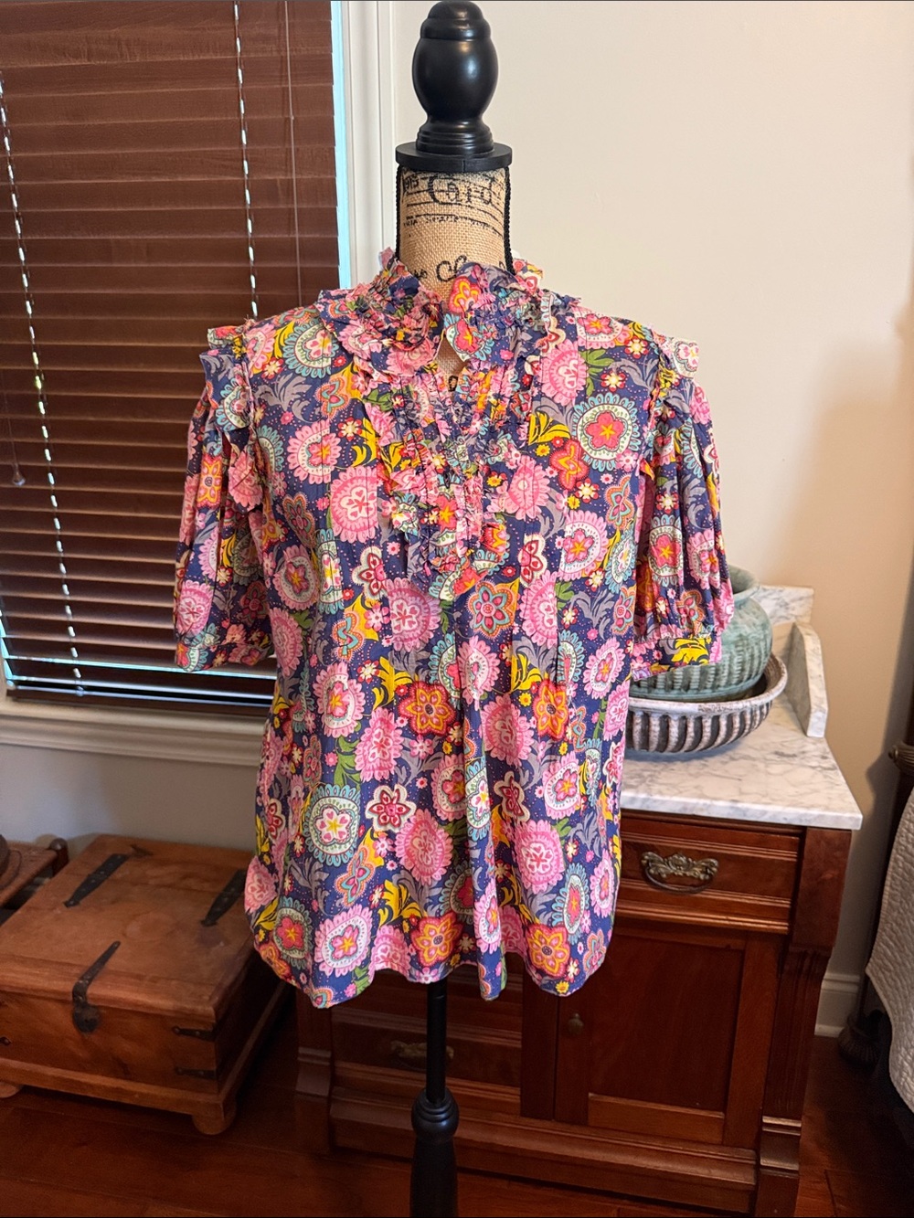 ivy jane Pink Purple and Yellow Floral Ruffle Front Blouse